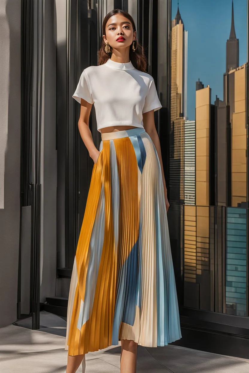 full body Spring 2024 Women's Pleated Skirt Fashion and Color,modern city scape,