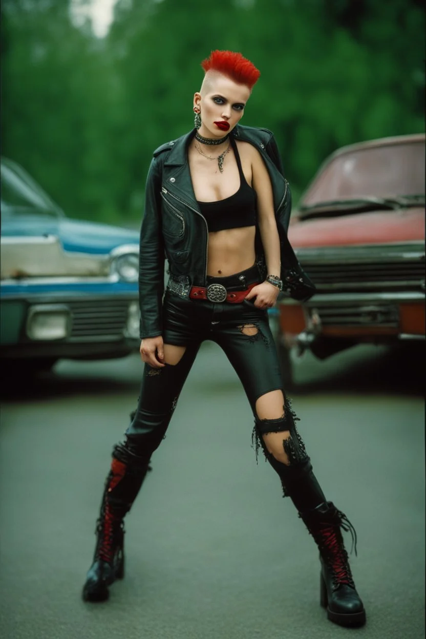 photo of a beautiful Polish young punk woman taken by a Mamiya M645 camera with portrait lens on colour medium-format film, red lips, blue eyes, red mohawk, black leather jacket, Ramones style, heavy boots, fishnet stockings, torn t-shirt, nosering, few earrings, belly ring