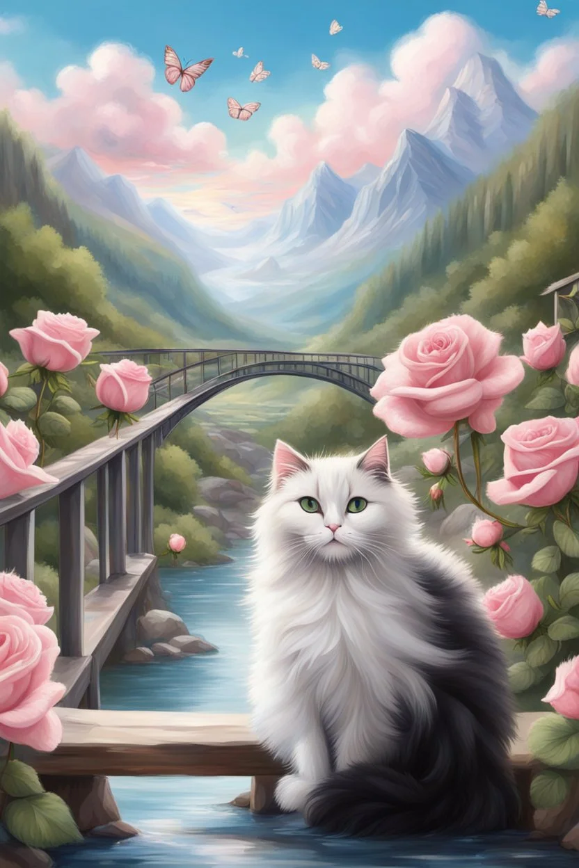 in the center: beautiful chunky fluffy black and white cats with green eyes sitting on a bridge, under the brigde flows a small blue river; background: landscape with mountains and white clouds, butterflys flying in the sky; first plan: pink roses;