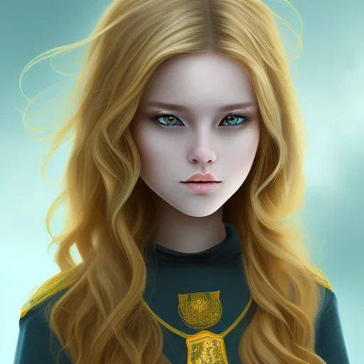 Girl with long wavy brown blond hair, yellow eyes. Wears Hogwarts Hufflepuff uniform, sunglasses with a yellow clip. She has a snowy owl with yellow eyes on her shoulder.