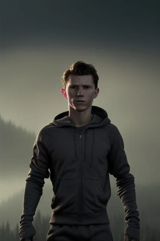 A highly detailed portrait of Tom Holland's character running as a berserker captures the attention of all who pass by. The image shows the character wearing a black jogging suit and sprinting through the night in the Alps. The image is set against an angelic background and features volumetric gold light, adding to the mood and atmosphere. A dark leafy tree and dark mountains in the background add to the atmosphere. The image is styled in the perfect HR Giger style, known for its intricate detai