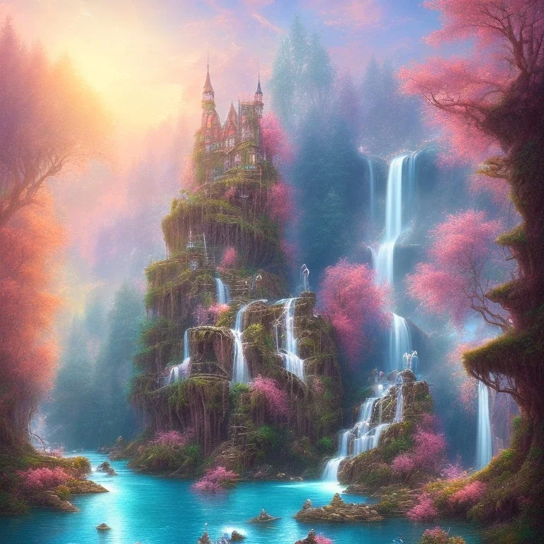 turquoise river, sun, waterfalls, pink fairy castle