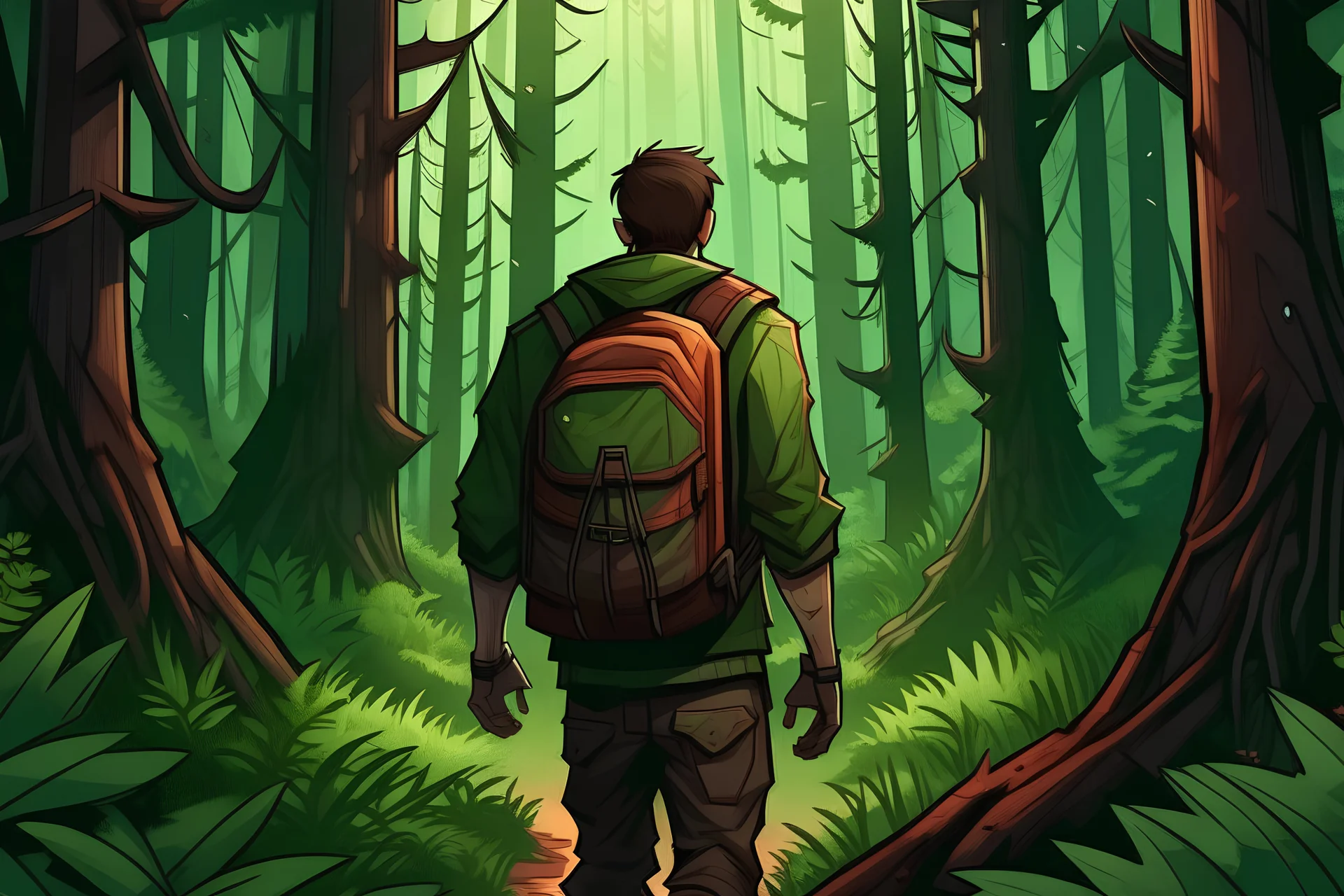 a video game cover that features a sweaty man wearing a backpack as he ventures through the entrocious forest