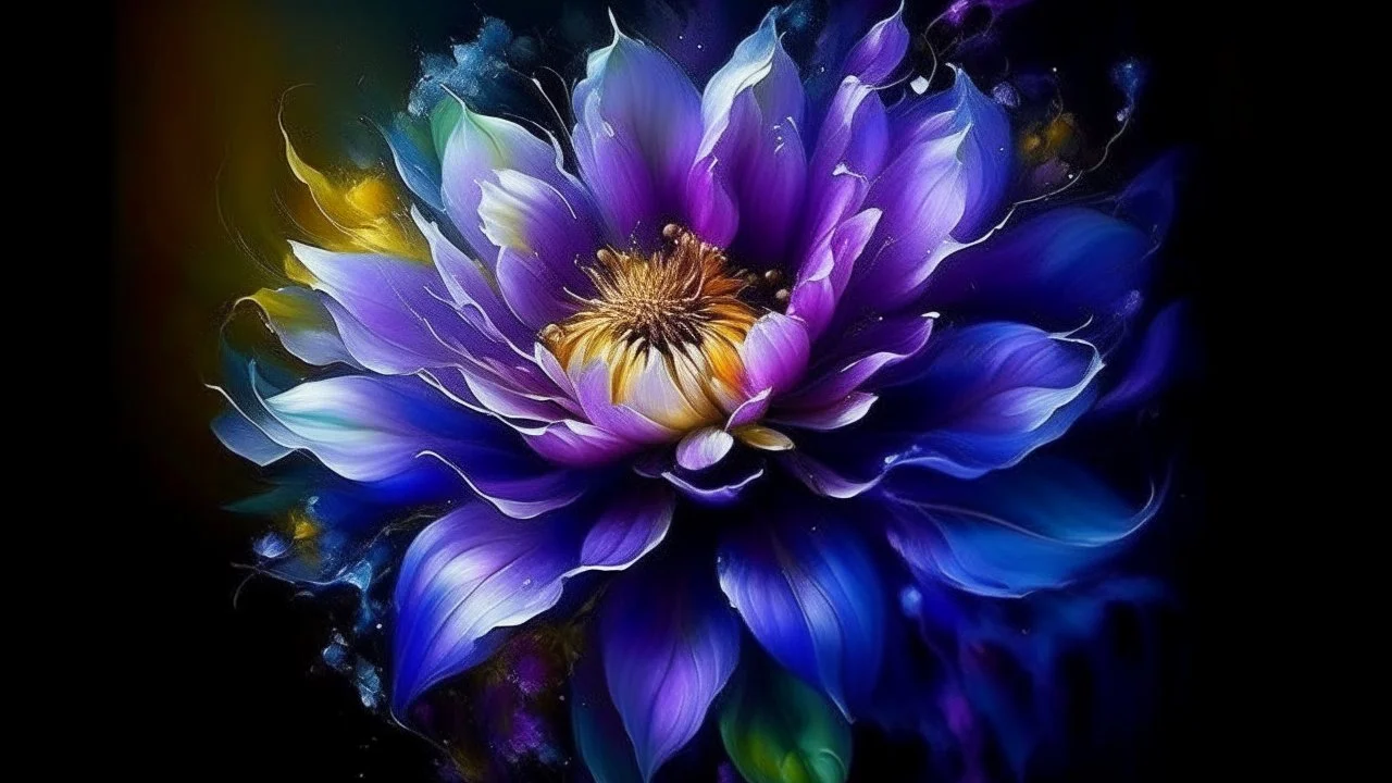 This artistic piece is an embodiment of beauty and harmony. It expertly blends the colors of the spectrum to create a mesmerizing effect that captivates both the eyes and the mind. The focal point of the artwork is a single flower, a deep lilac blossom with its delicate petals gleaming under the moonlight. The vibrant colors harmonize with the dark background in a way that creates a splendid contrast. The vibrant colors harmonize with the dark background in a way that creates a splendid contras