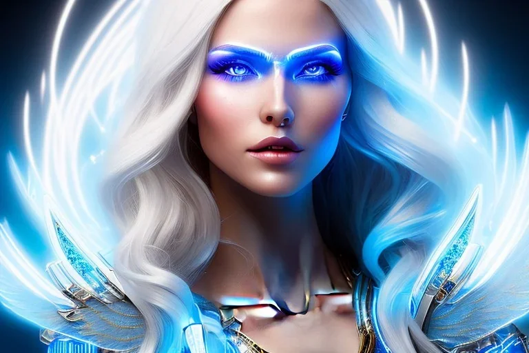 A beautiful portrait of a cute smiling cyber woman with wings, long blond platinum hair, luminous blue eyes, high key lighting, volumetric light high details with blue and white stripes white luminous celtic paterns, beam starry background