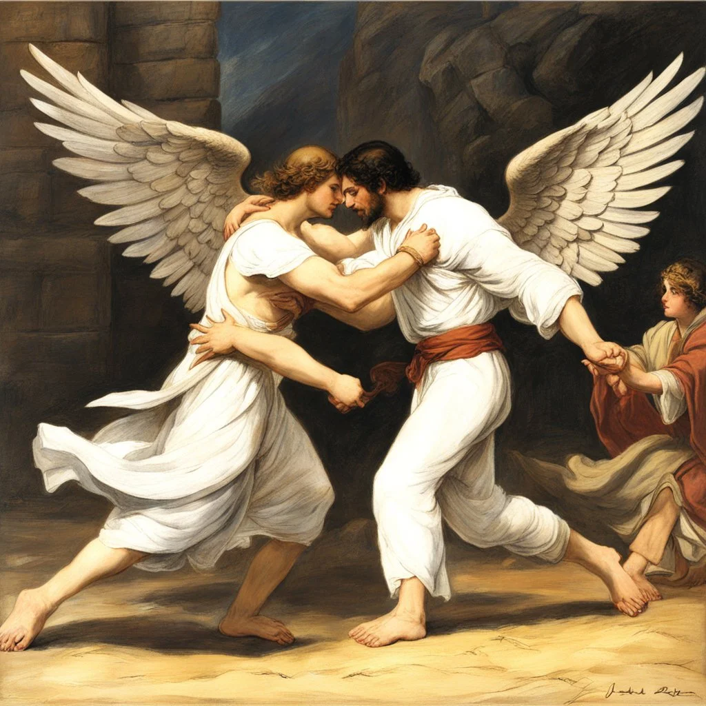 [art by Joseph Binder] Jacob wrestling with angel