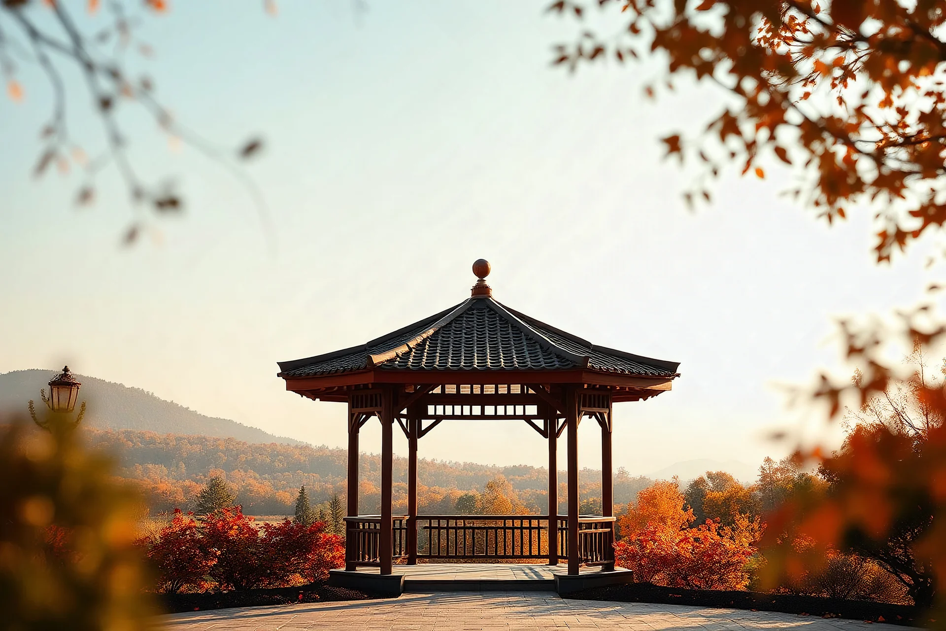 Relaxing Autumn. Autumn theme in autumn gradient tones, vibrants, expressive view a Serene Landscape Through beautiful Gazebo. The background features a gradation of colors from light to dark, highlighting the Lanscape's captivating appeal and fostering a calm, nostalgic atmosphere. Clear and clean photography. 4K Photography. photographic style. Photorealistic. Magazine photo style. Sharp focus photography. High-resolution photography.