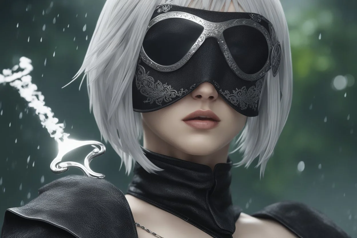 Hot 2B with blindfold eye in 8k nier automata artstyle, blind them, 2B Custom, blindfold, close picture, rain, fantasy world, intricate details, highly detailed, high details, detailed portrait, masterpiece,ultra detailed, ultra quality