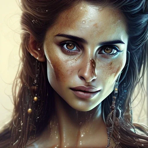 best quality, realistic lighting, masterpiece portrait of Penelope Cruz from pirates of the Caribbean, details, light dusting of freckles,wet luscious lips, shot from above, simple chain hauberk, warhammerVector art matte painting digital illustration 3D shading CryEngine Behance HD 3Delight