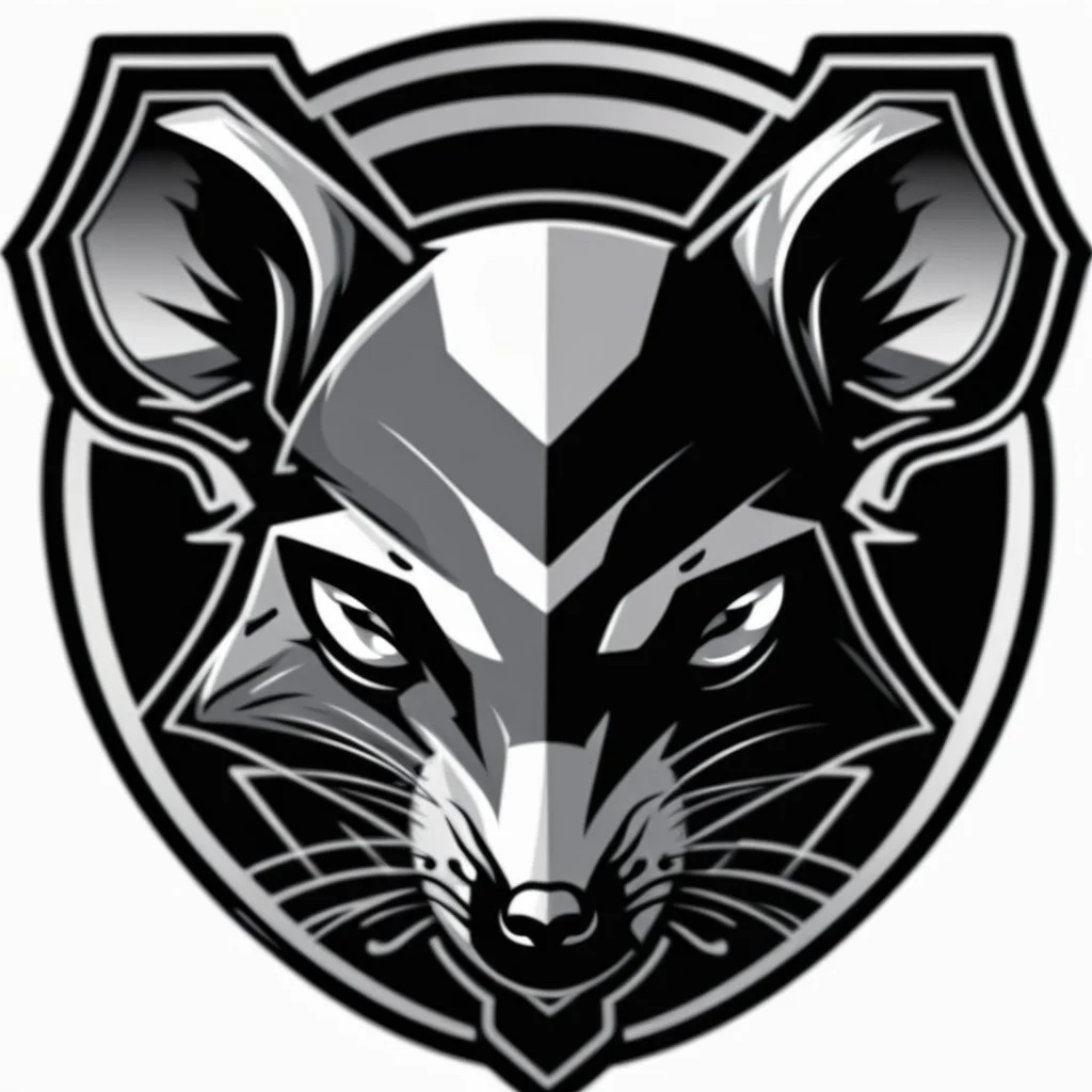 dead mouse's face logo on a triangular shield shape, vector(black white and gray)