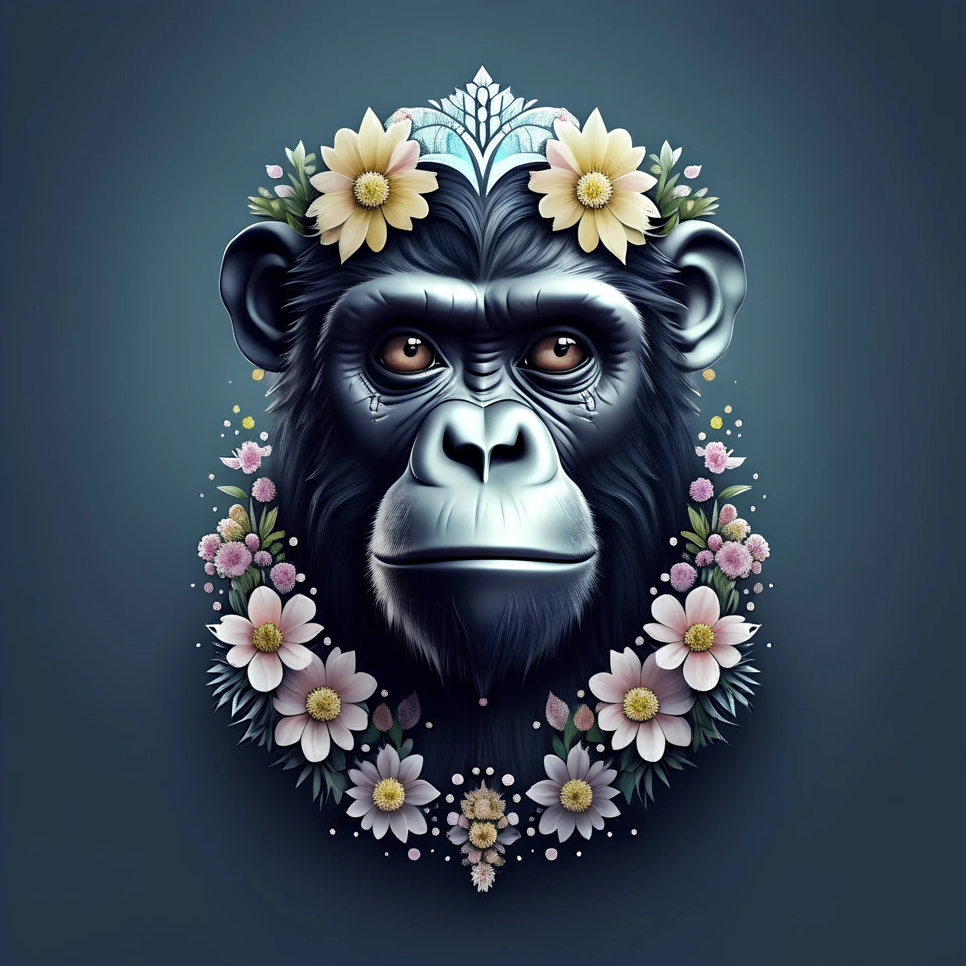 logo design, complex, trippy, bunchy, 3d lighting, 3d, chimpanzee, realistic face, colorful floral scarf, flowers, cut out, modern, symmetrical, center, black background