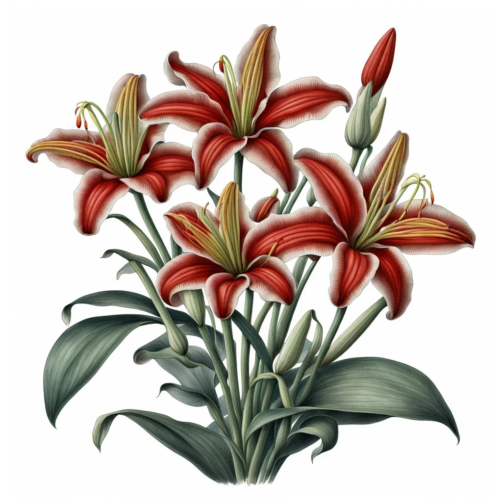 Western Red Lily botanical illustration on white background, vignette