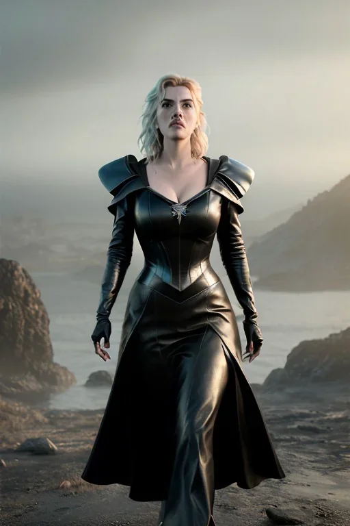 Kate Winslet as evil queen in black leather gown, cleavage, angry, stern look, unreal 5, octane render,cinema4d, dynamic lighting, dramatic lighting, 4k, redshift render, highly detailed, hyper realistic