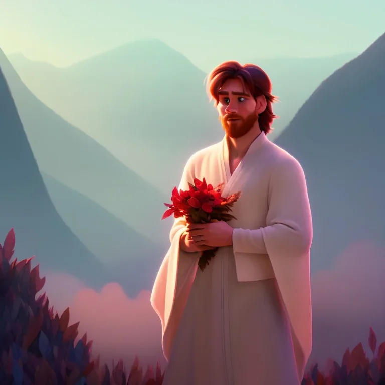 messi portrait , detailed hands, at dawn by atey ghailan, golden light , white robe, holding leaves and flowers , angels background, volumetric light, high detail, red leaf tree, mountains in background, perfect