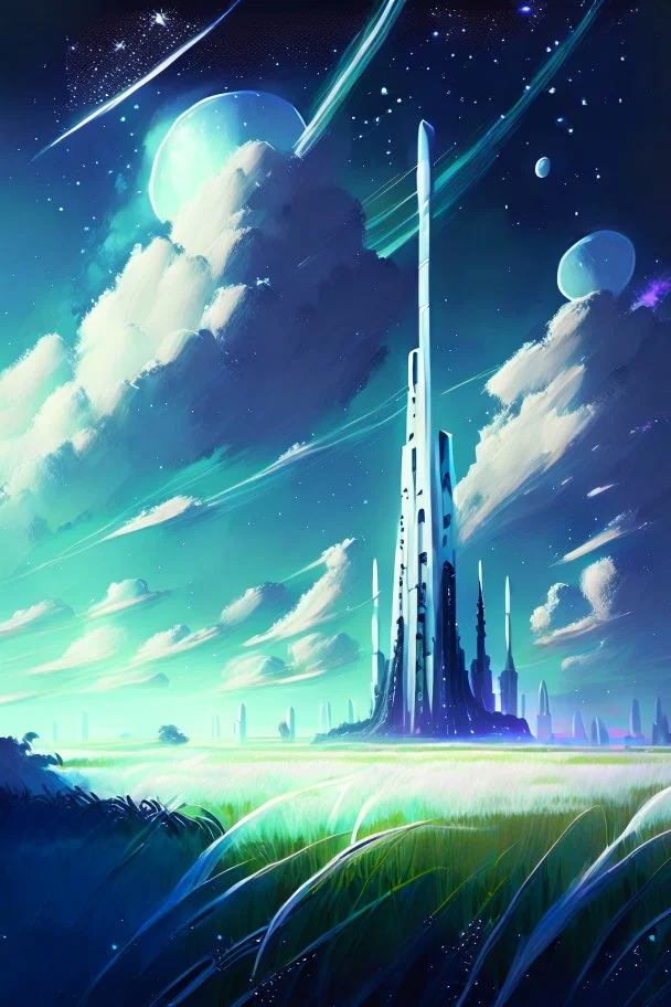 Grassy plains filled with bizarre white fantasy skyscrapers with a cosmic night sky background painterly rpg art