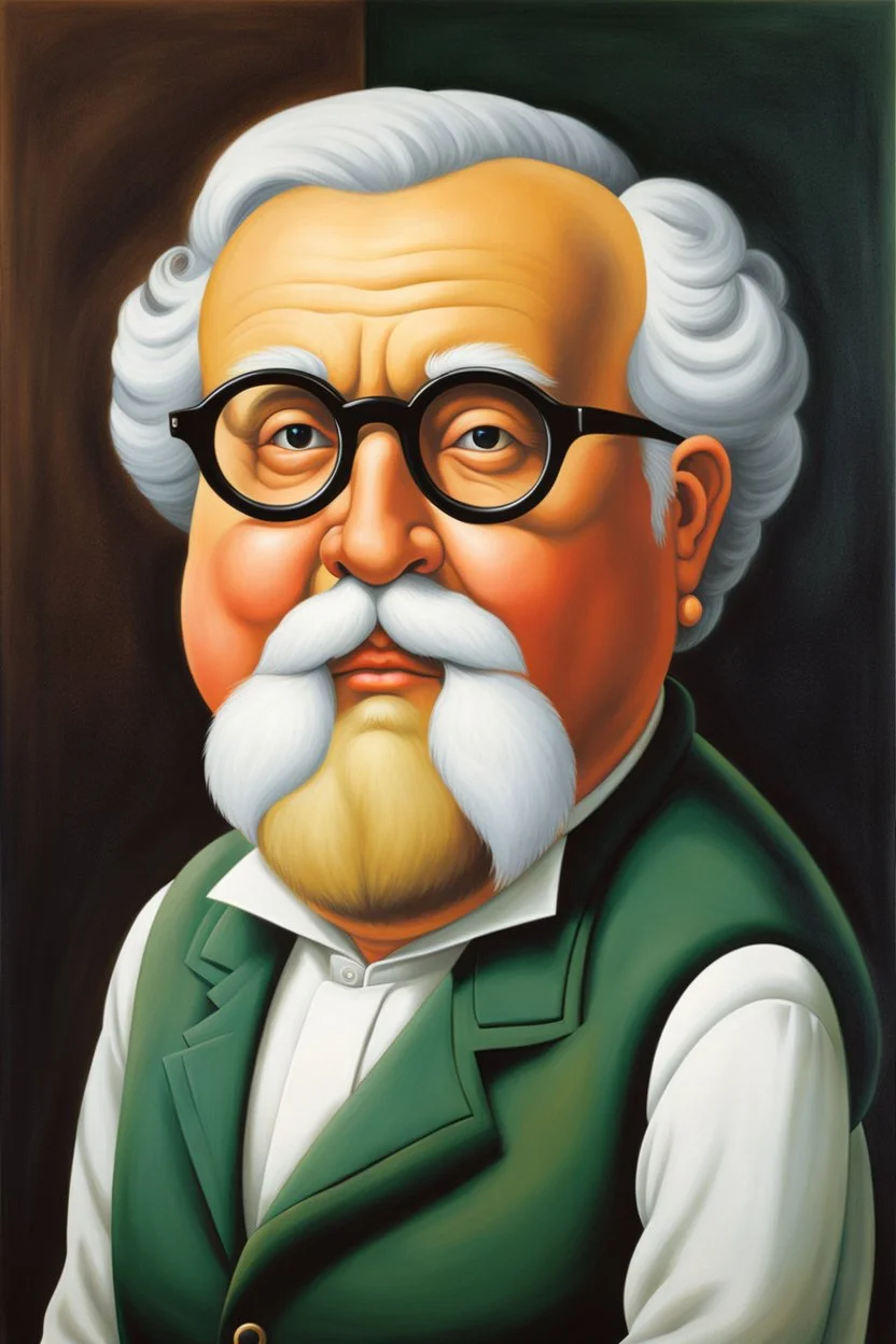 Pintura del pintor Fernando Botero, con gafas redondas y barba blanca pequeña, bigote pequeño, cuerpo completo, arte de tinta, calidad ultra, 8k, cuerpo completo