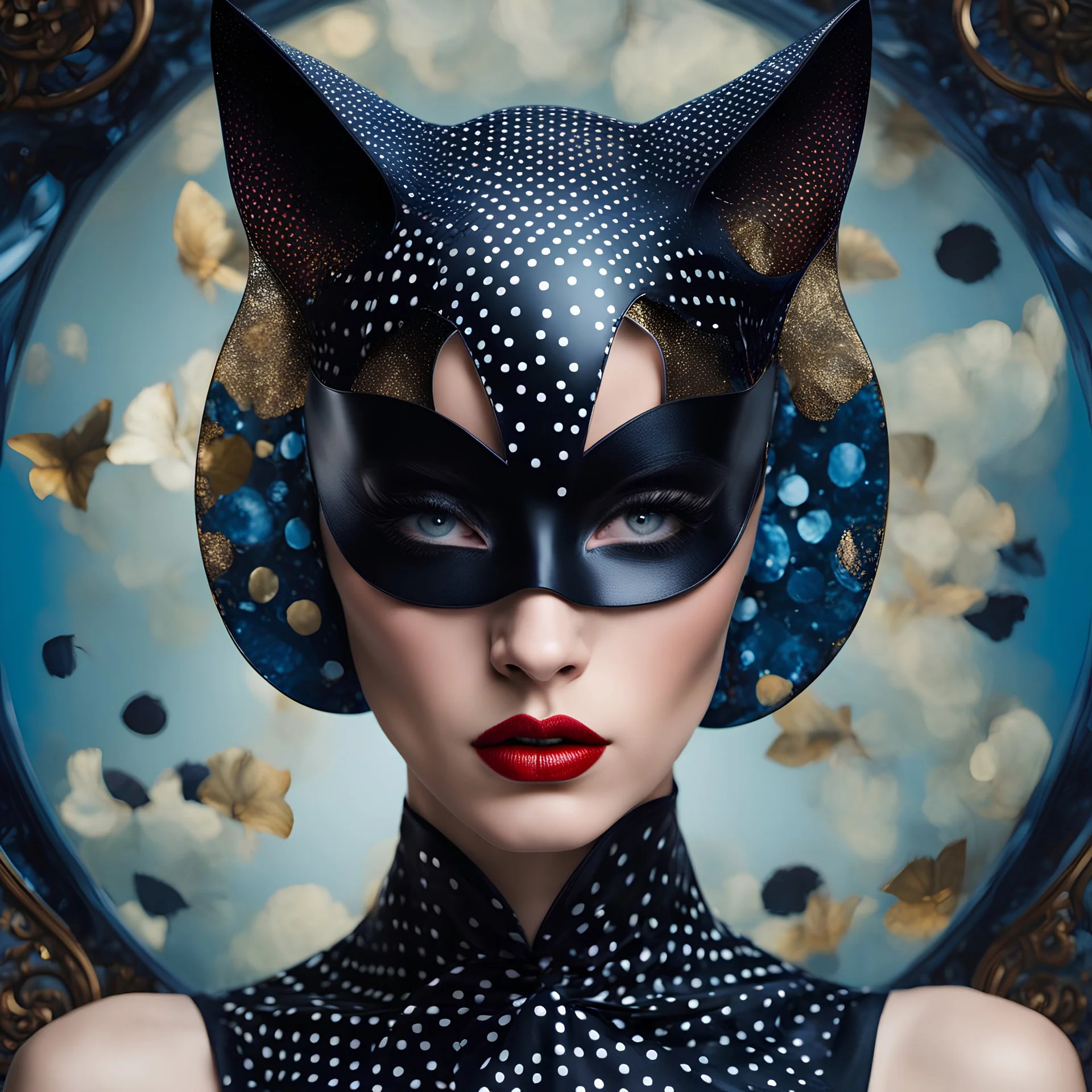 create portrait Photography, transparent dark plexiglass printed with polka dots colors print, cat woman mask, an attractive, 80 degree view, art by Sergio Lopez , Natalie Shau, James Jean and Salvador Dali, shot with Sony Alpha a9 Il and Sony FE 200-600mm f/5.6-6.3 G OSS lens, natural ligh, hyper realistic photograph, ultra detailed -ar 1:1 —q 2 -s 750)