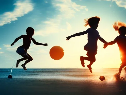 children jumping in water on a beach capture them against the sun and make an art silhouette, hyper details, real sharp, 8k, well detailed, well shaped