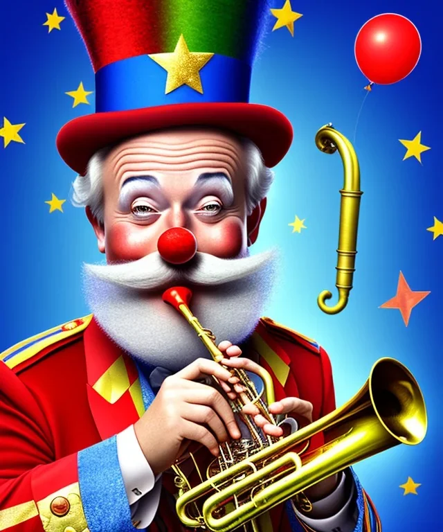 happy old friendly clown with round head and trimmed beard playing jazz with a steampunk theme, trumpet on mouth, circus, realistic