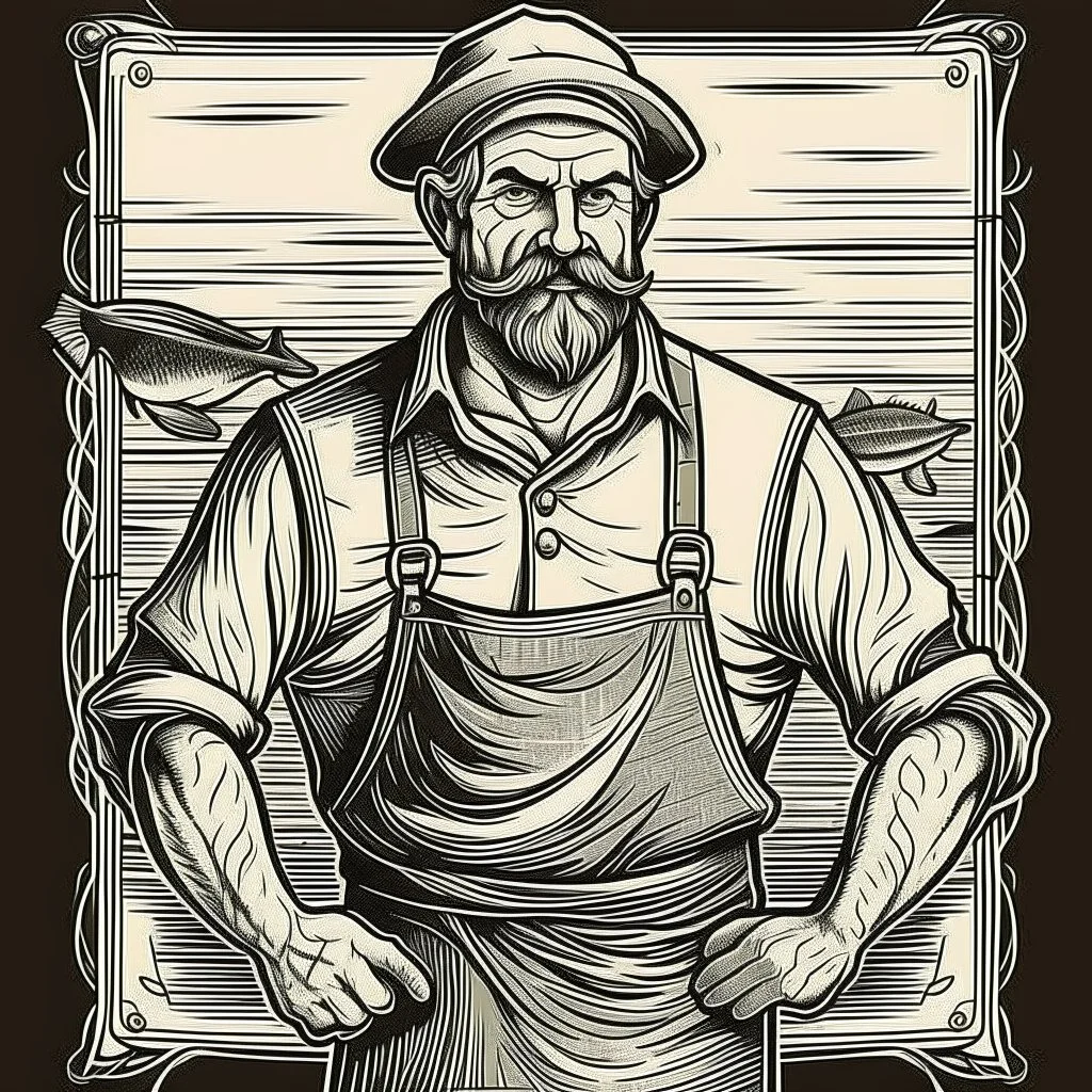 muscular mustached fisherman with apron and mutton chops art