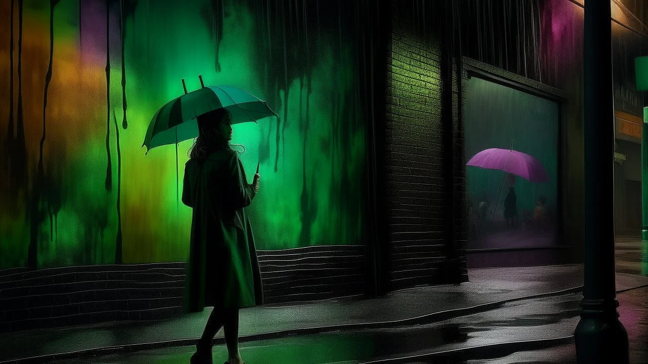 dark and mysterious, A rainy evening in a city, where a female Hispanic artist is seen painting a vibrant mural under an umbrella, with reflections of the colorful artwork shimmering on the wet pavement., sophisticated muted-green color scheme, dark shadows and fog, blurred, neo-expressionism