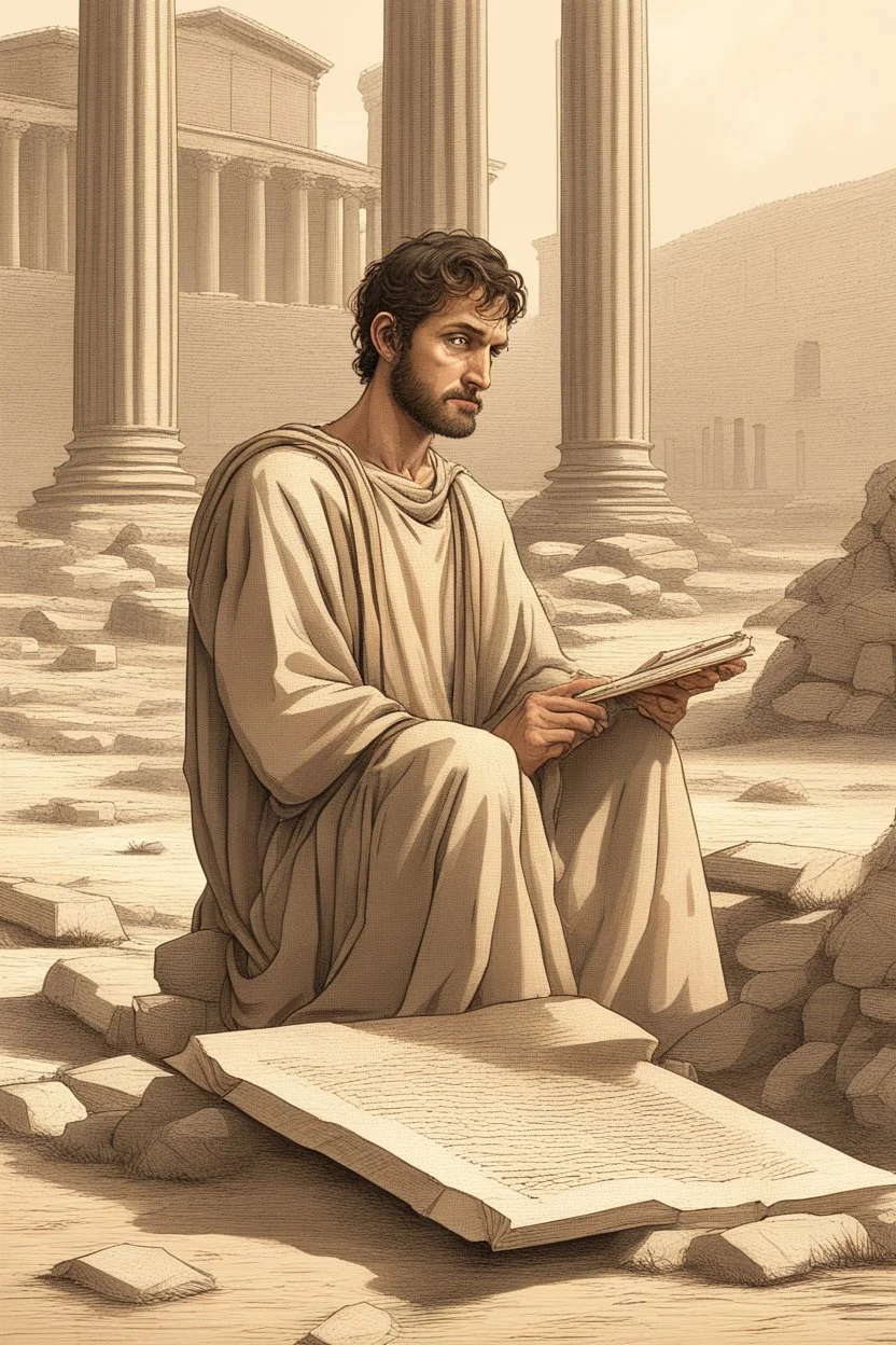 A Roman citizen of the third century, a 30-35-year-old man with kind eyes and a slight smile in poor clothes with a cross around his neck, sits on stones and writes on a papyrus scroll. He is sitting against the background of the ruins of Rome, against the background of the temple of Athena. High-quality 8K image in watercolor technique