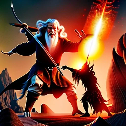 dibujo Épico al oleo de cuerpo entero de gandalf vs balrog en castillo estilo Goya 4k