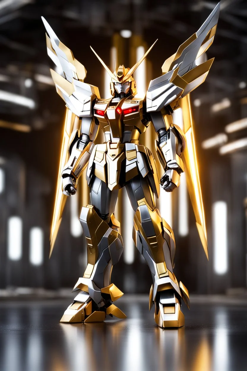 Full body Gundam wearing biomechanical silver gold armor, god light effect,photorealistic,abstract background