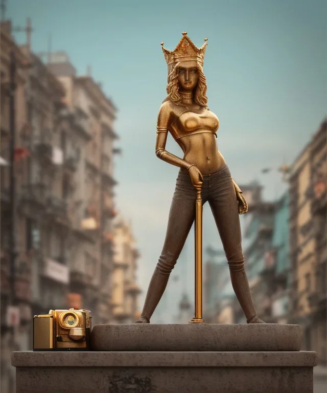 Statue of Queen of photography. Cute blonde woman. Photographer in golden crown. Standing on the street. Big camera in her hand. hyperdetailed, photorealistic, trending on artstation, greg rutkowski, beksinski, kodachrome, bokeh, red and gold