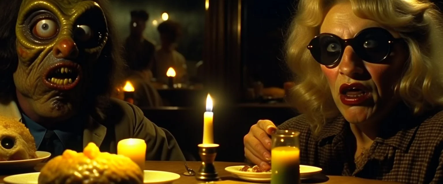 Spooky, ultra realistic distress, dining, ultra realistic hot woman, nose, giant eye on a table, organic hot bondes, dynamic, anguish, excited and lively scene, hypermaximalist figures, Creepy the Ring Alfred Hitchcock, Sam Raimi, insanely detailed, sinister, John Carpenter, Dario Argento, ornate