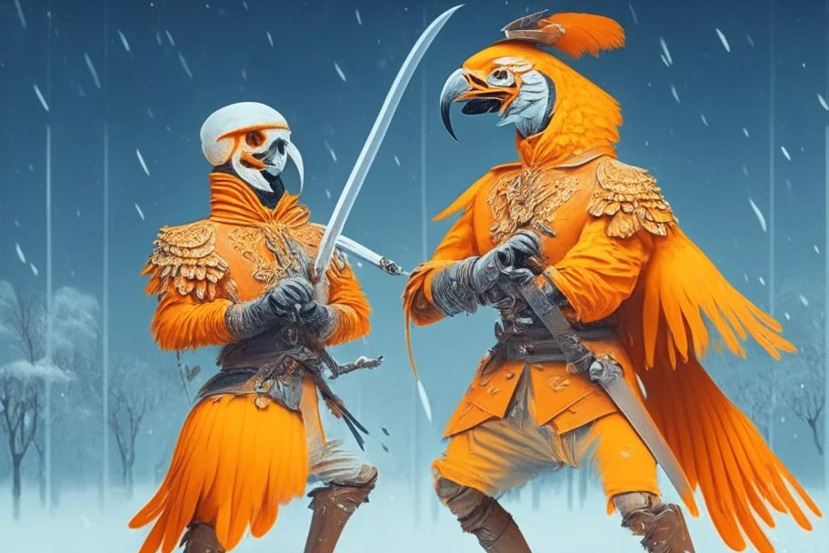 half parrot half human in a orange Dutch uniform with a katana having a sword fight in snow against a half human half skeleton