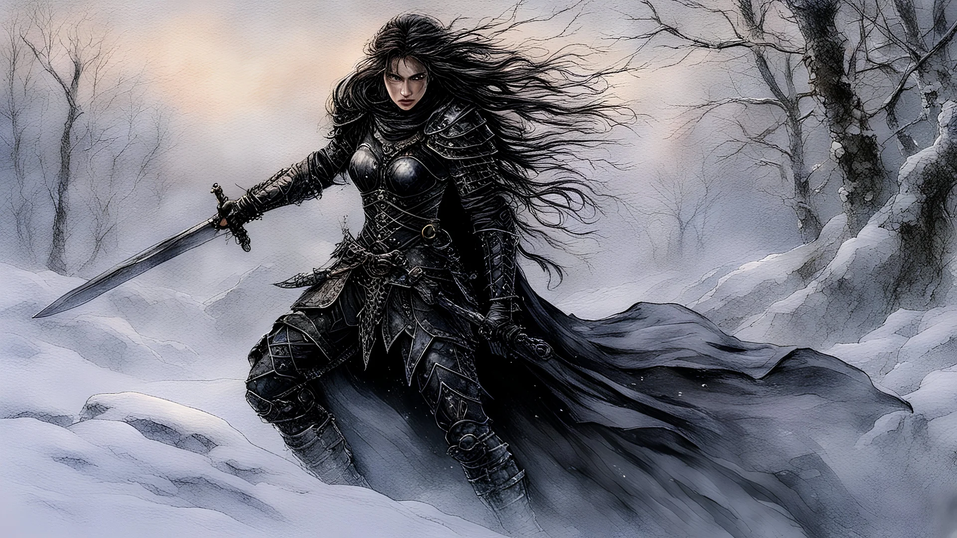 Hyper-photorealistic watercolor art style by Luis Royo , a warrior woman in black armor on the background of a cold snow-covered country, ice and crystal, frost and snow, hyperdetailed face, full body diagonal shot, encounters male bandits in dark fantasy countryside setting, absence of mysterious elements, dramatic lighting, ultrafine detail, octane rendering., by