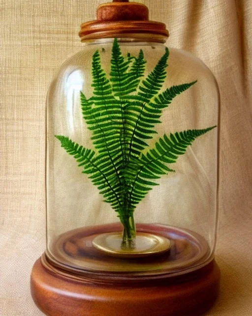 fern in a bell jar, symmetrical, warm colors, warm lighting, linen backdrop