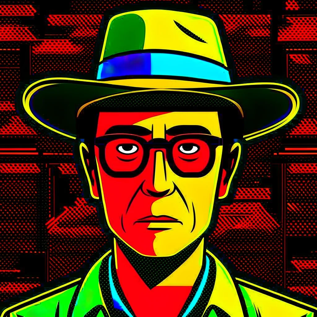 (Without glasses : 1.5) Gustavo Petro, comic style artwork, dark yellow, black, red and blue, with wide-brimmed hat, with white shirt, calm,