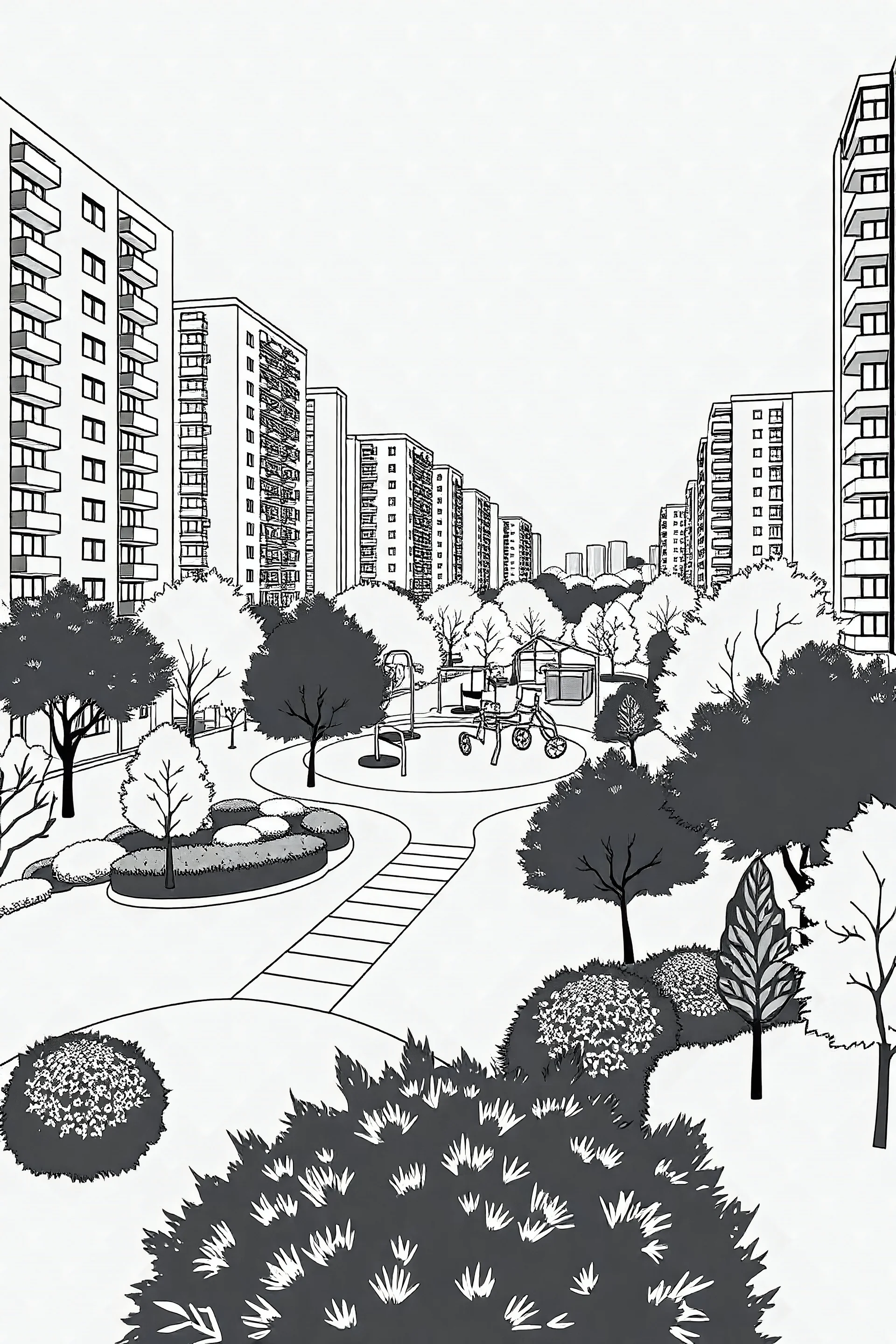 Black and white drawing // Black on white // Vector illustration // Modern urban park in a high-rise residential neighborhood: with trees, bushes, paths, sports and playgrounds // No people, deserted // Minimalistic, bold silhouettes, very few details, no textures or shadows, only strong contrast and pure geometry