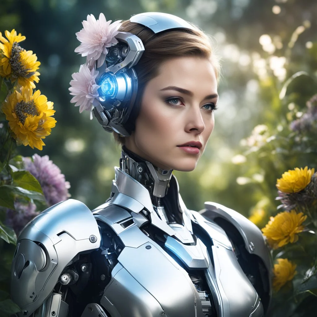 In a garden of gears and blooms she stands, A female android, crafted by skilled hands. Her skin of silver, gleaming in the light, A marvel of technology, a wonder in sight.