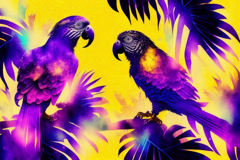 parrot-phoenix mix birds, a picture of togetherness, death, resurrection, purple in sunshine, watercolor and black ink outlines, sparkling golden glitter, ethereal, cinematic postprocessing, bokeh, dof