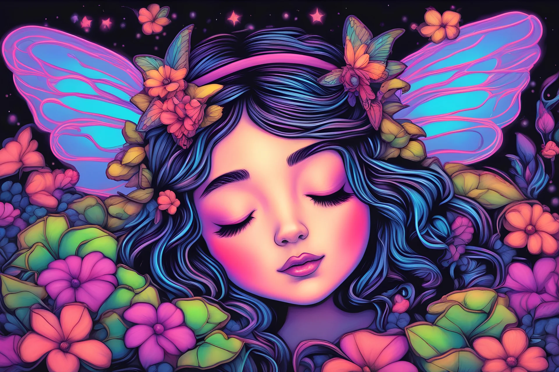 black light art neon colors cute sleeping fairy