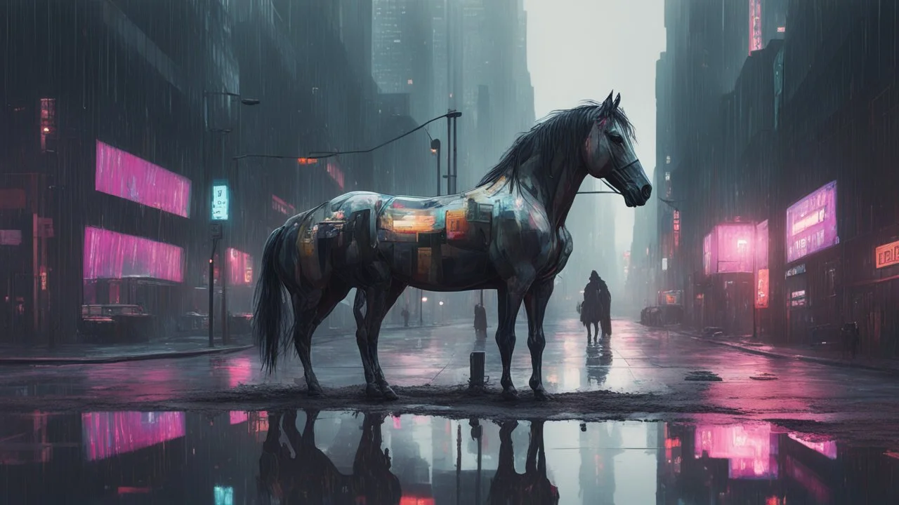 [ 30 ] [ overworked ] and [ tired ] [ horse ] in a gloomy cyberpunk downtown curb, overdrive, acrylic and oil, minimalist, cinematic, dramatic, (glitch deconstruction: 1.7), center, |stunning reflections, stunning verticals, excellent parallels