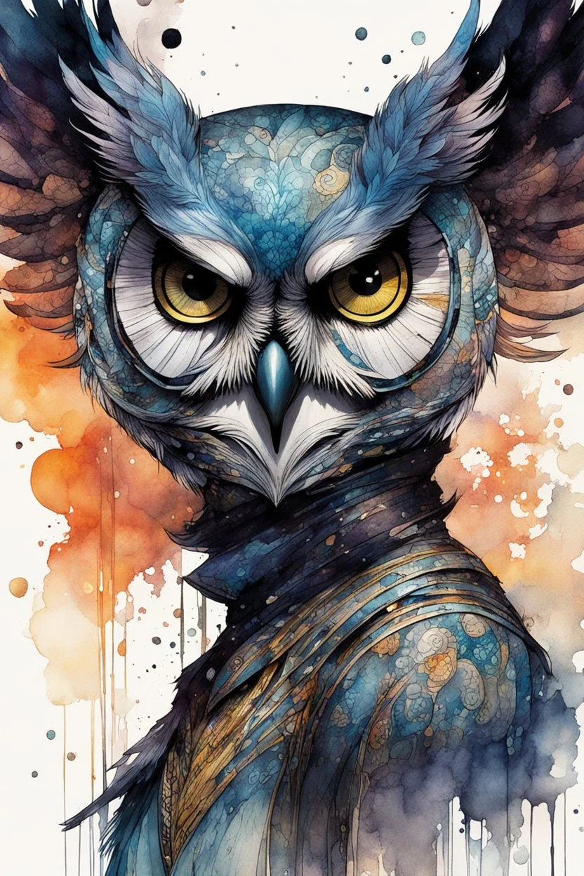 ink wash and watercolor concept illustration of a fanciful hybrid Owl girl character, ornately dressed with highly detailed feathers and facial features in the comic book style of Bill Sienkiewicz and Jean Giraud Moebius, with a fine art aesthetic, highly detailed , boldly inked, 4k UHD cinegraphic quality