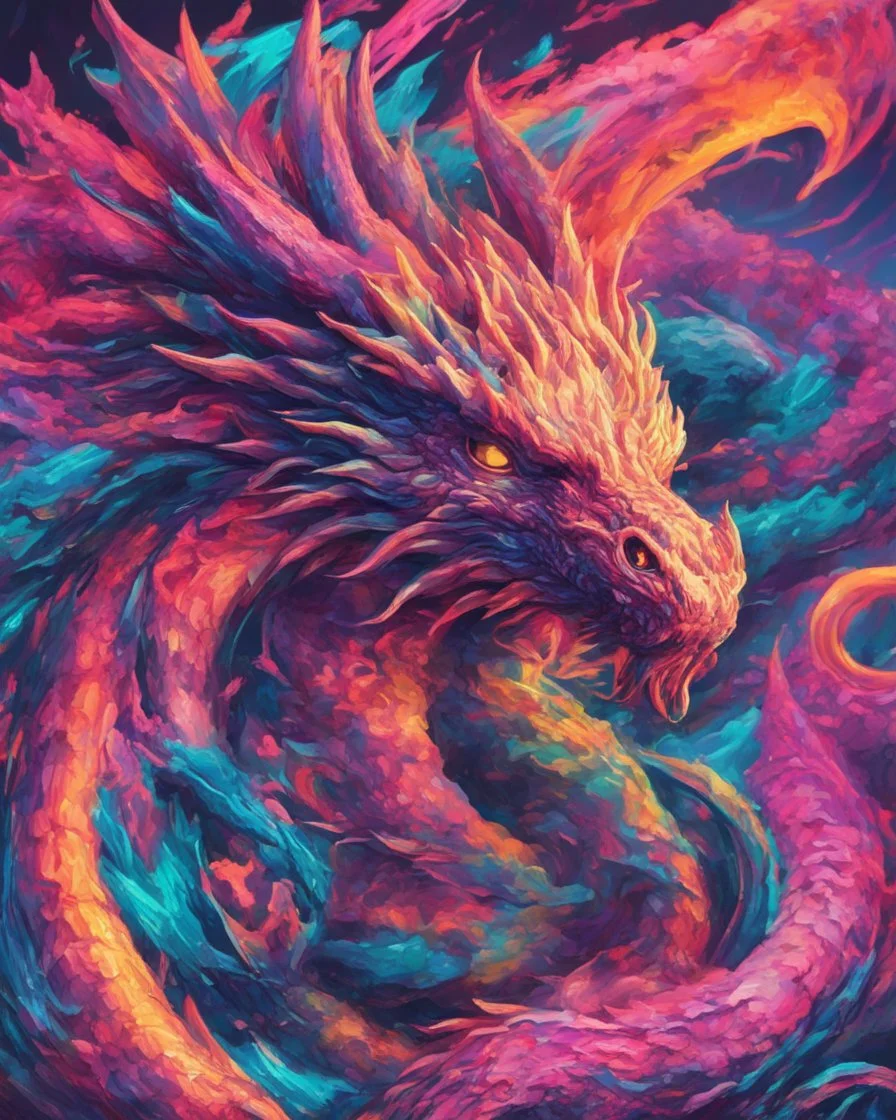 Close up shot, Dragon in a vibrant synthwave dreamscape, neon chaos swirling energetically around pixelated forms, a dynamic fusion of retro gaming nostalgia and futuristic abstraction