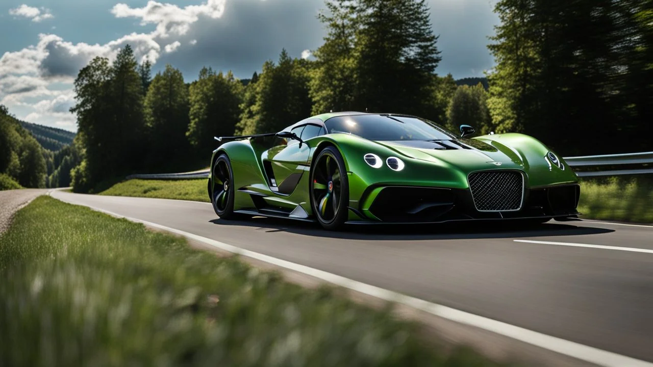 A sleek (((a cross of bentley and koenigsegg jesko))), on street, with hill and trees around, a beautiful clouds and sunny weather, 4K, Superdetailed, No mistakes