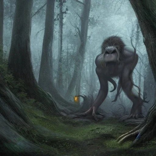 fantasy art, Photorealistic, 8k, Demon, sasquatch, forest, troll