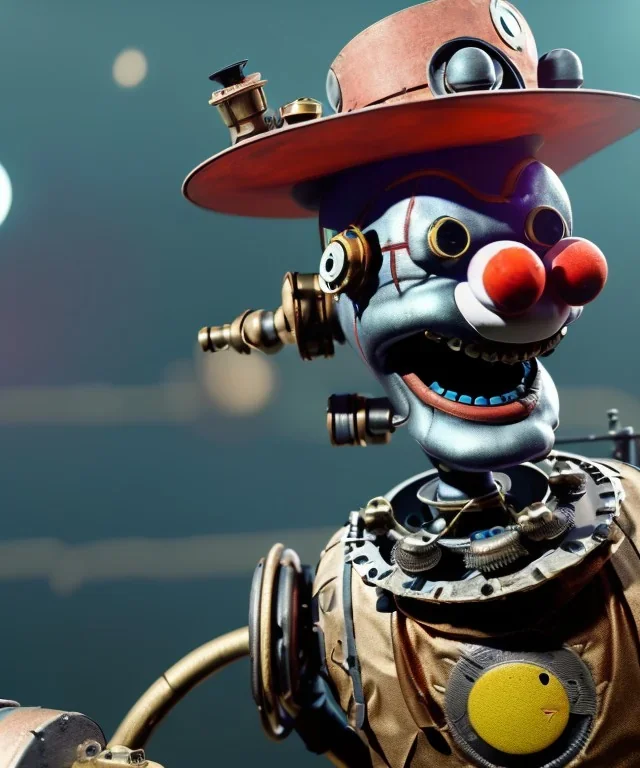 smiling mechanoid clown playing jazz with a steampunk theme, realistic