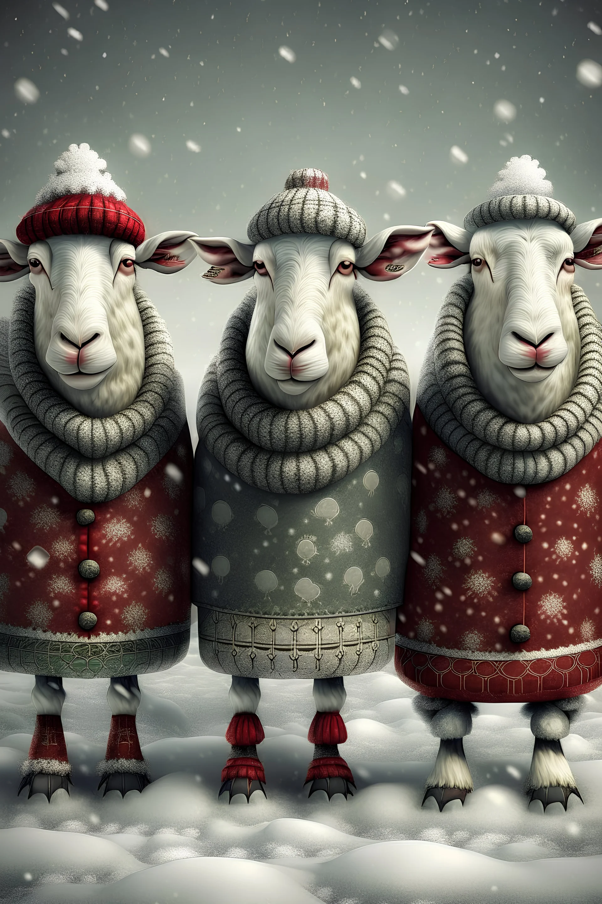 Three Hyper realistic vintage sheep warning Christmas sweaters singing Christmas carols in the snow