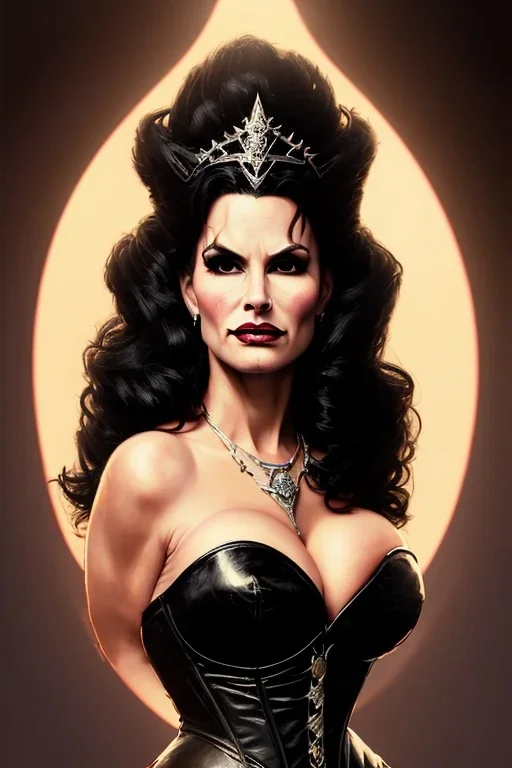 painting of lisa ann as evil queen in black leather gown, feminie, angry, stern look on her face, volouptous, busty, cleavage, emperious, mature, highly detailed, digital painting, artstation, concept art, smooth, sharp focus, illustration, art by gaston bussiere and alphonse mucha