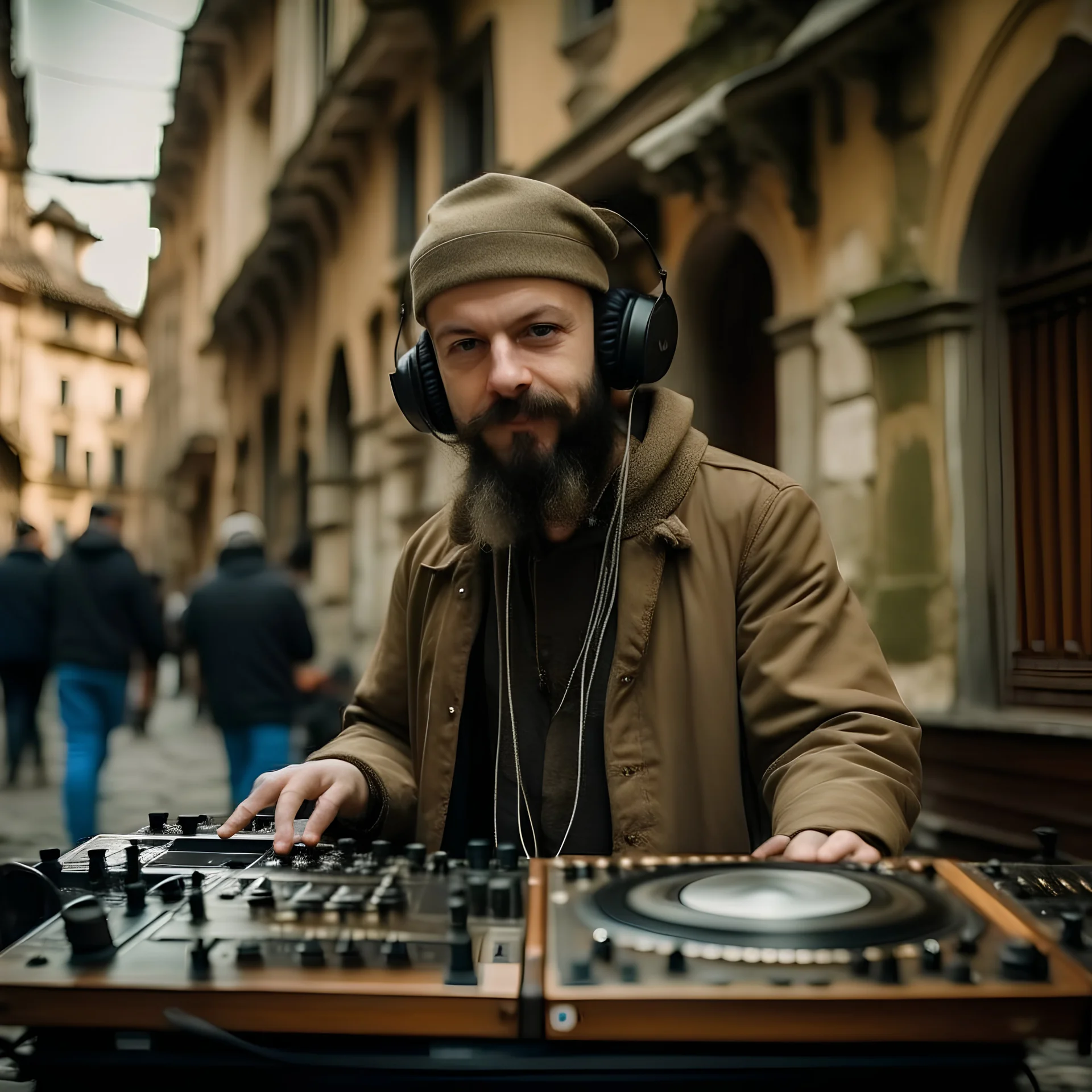 A short brown beard DJ with a hat on his head at the DJ console, many electronic consoles around, play middle street of medieval city, FRONT VIEW