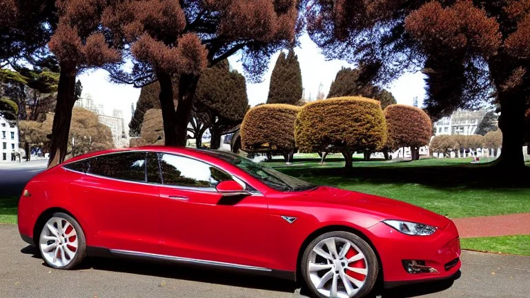 A Tesla's 'Model S Plaid' is parked, in the 'Golden Gate Park', in San Francisco. CINEMATIC. WIDE ANGLE LENS. PHOTO REAL.