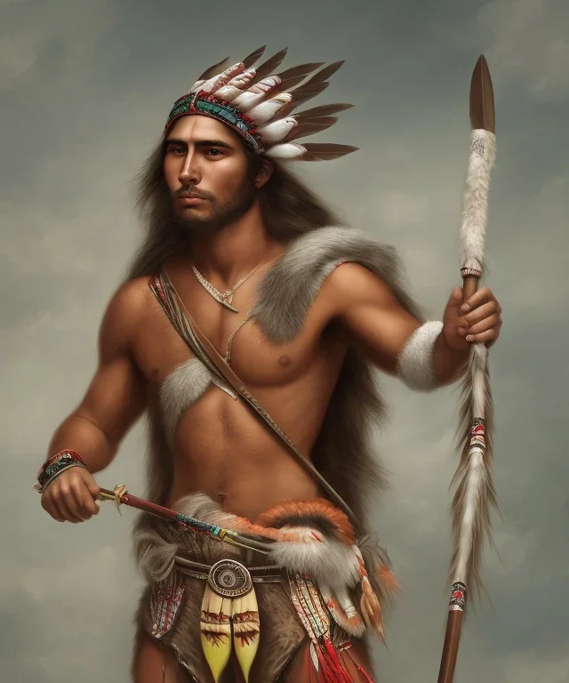 Guaicaipuro, native american, Muscular warrior, three red feathers headband, holding spear