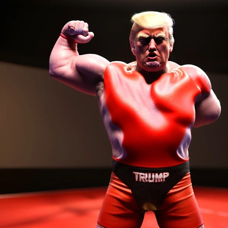 Wrestler Donald trump, wrestling, sweat, blood, red breeches, suspenders, stars, retro style, 80s, hot ambient, photo studio, vibrant color, gradient, highly detailed, art stations, concept art, smooth, unreal engine 5, god rays, ray tracing, RTX, lumen lighting, ultra detail, volumetric lighting, 3d, finely drawn, high definition, high resolution.